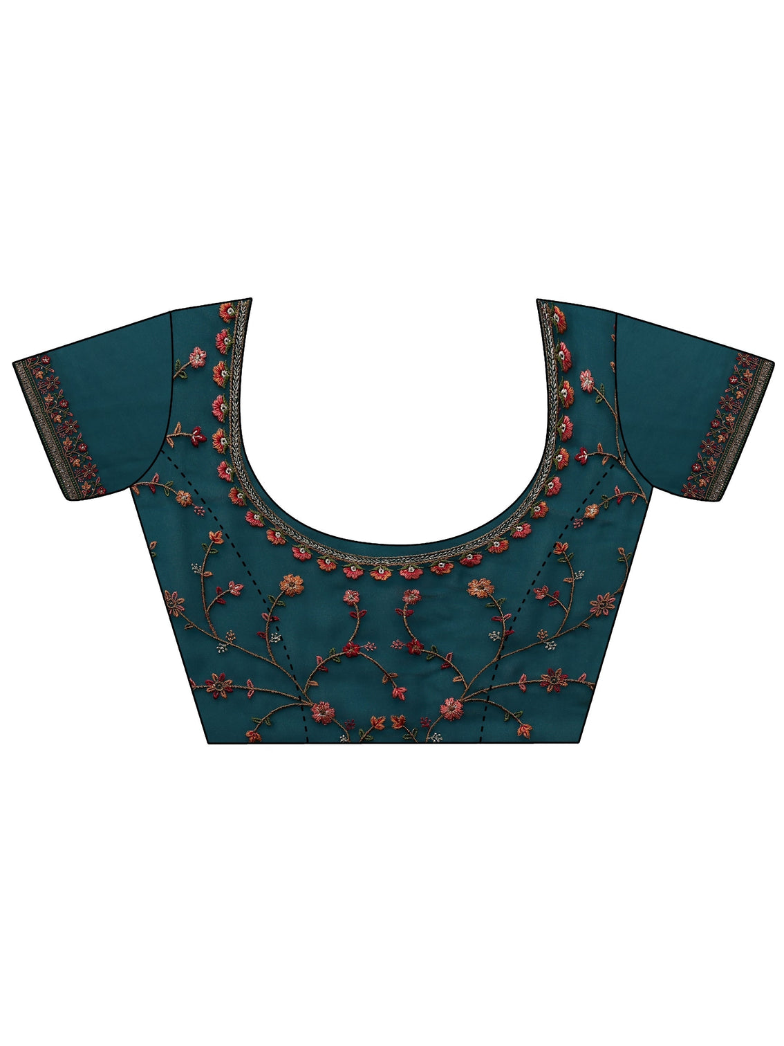 Mameraa Blue Floral Embroidered Net Saree With Unstitched Blouse Piece