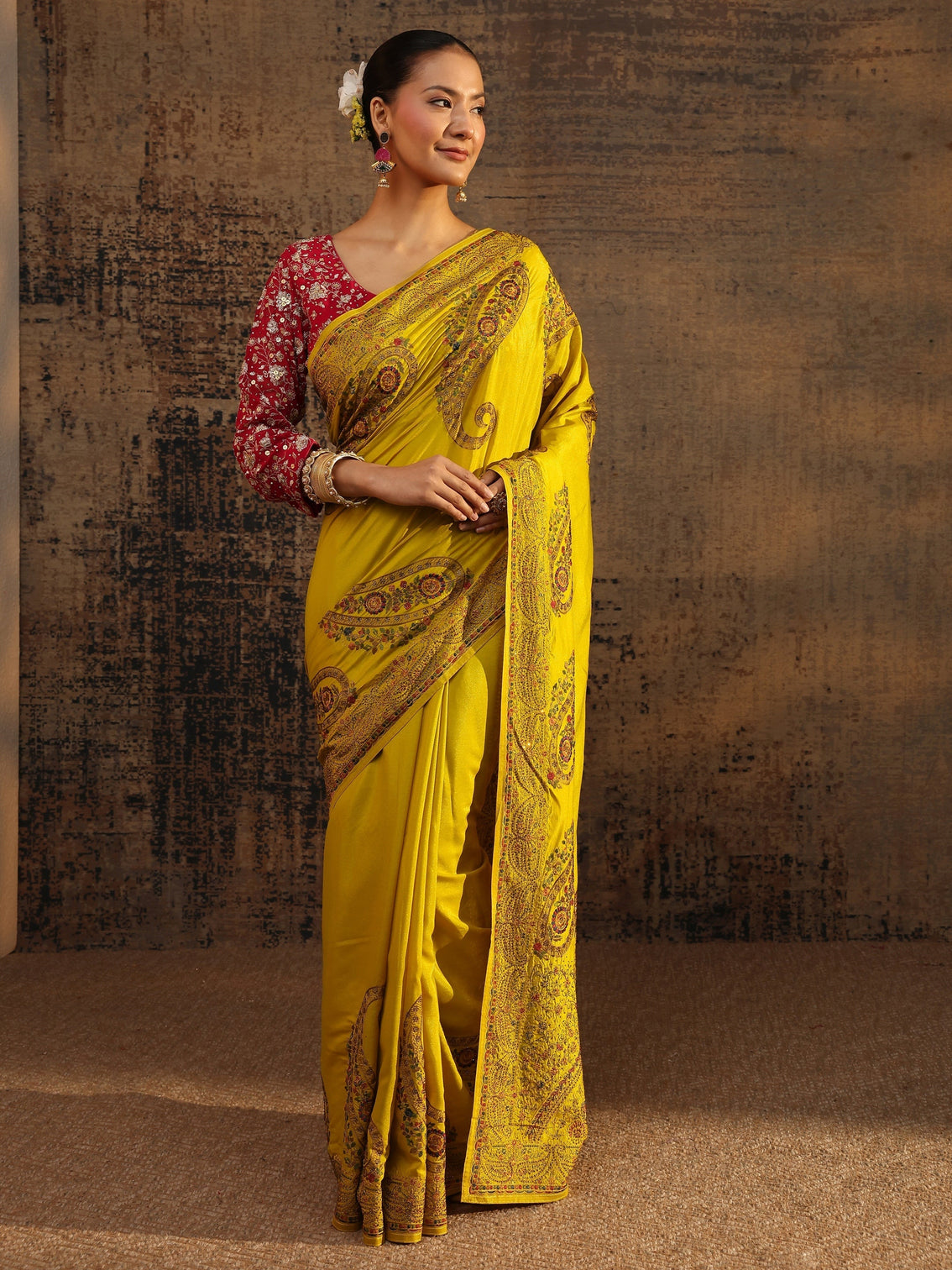 Mameraa Mustard Floral Embroidered Satin Saree With Unstitched Blouse Piece