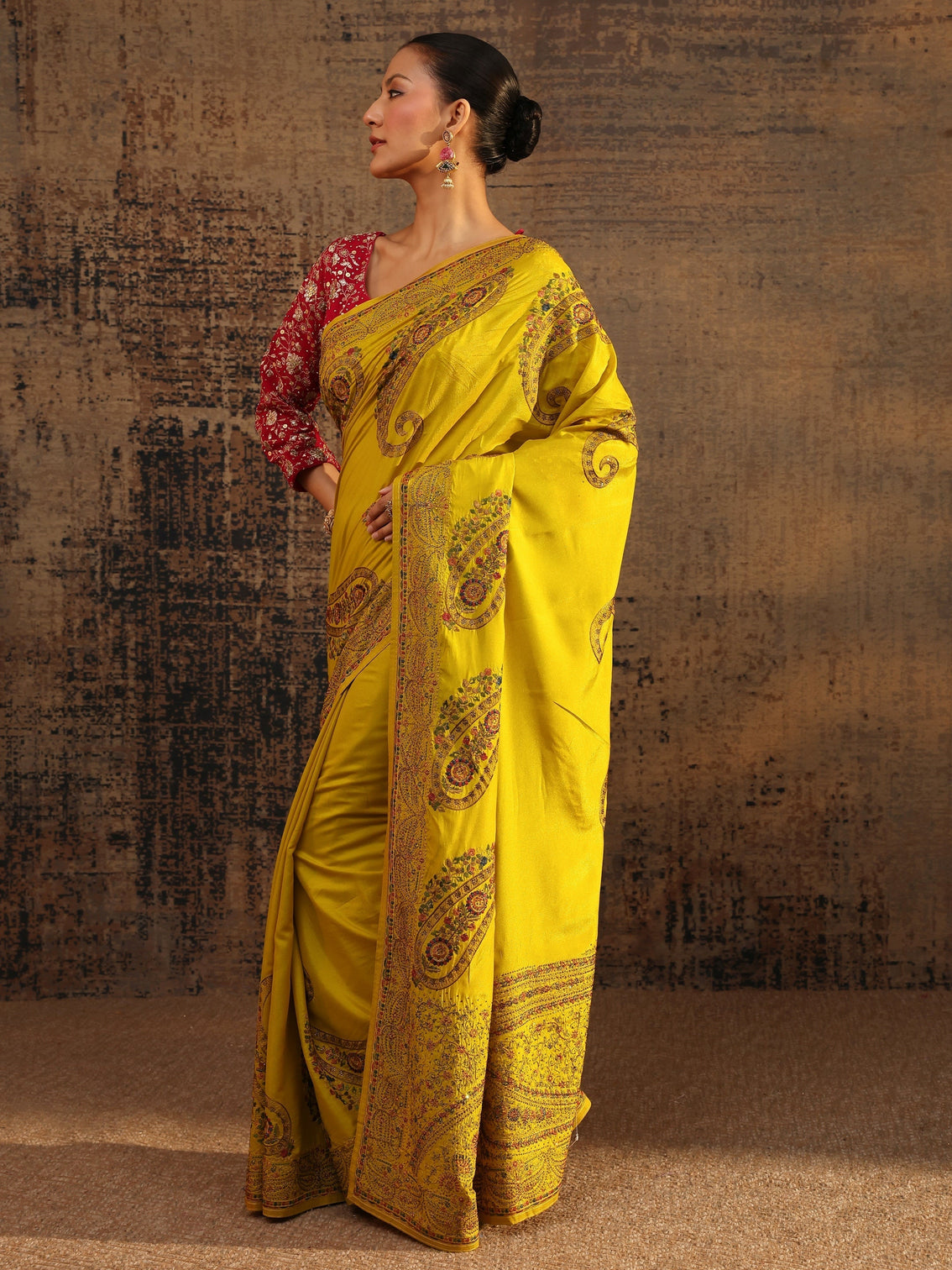 Mameraa Mustard Floral Embroidered Satin Saree With Unstitched Blouse Piece
