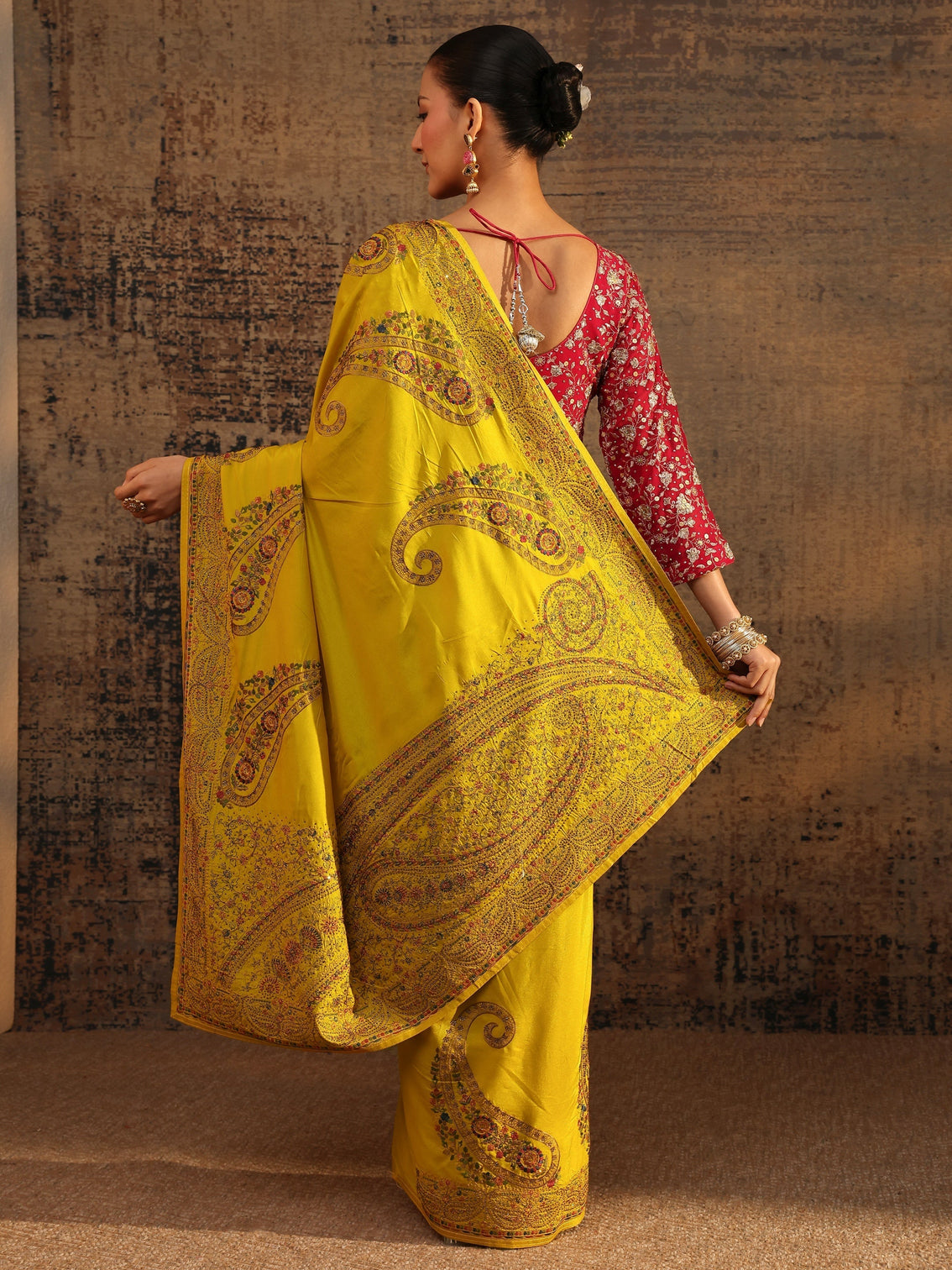 Mameraa Mustard Floral Embroidered Satin Saree With Unstitched Blouse Piece