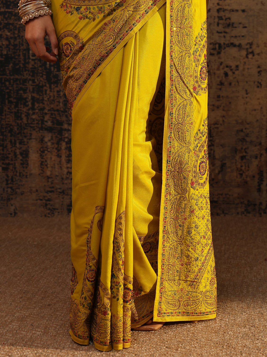 Mameraa Mustard Floral Embroidered Satin Saree With Unstitched Blouse Piece