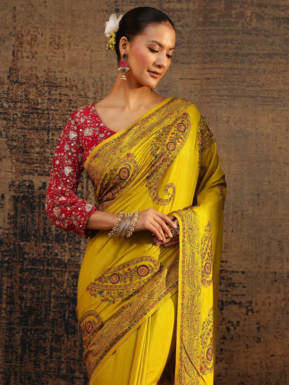 Mameraa Mustard Floral Embroidered Satin Saree With Unstitched Blouse Piece