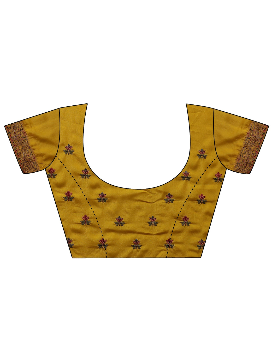 Mameraa Mustard Floral Embroidered Satin Saree With Unstitched Blouse Piece