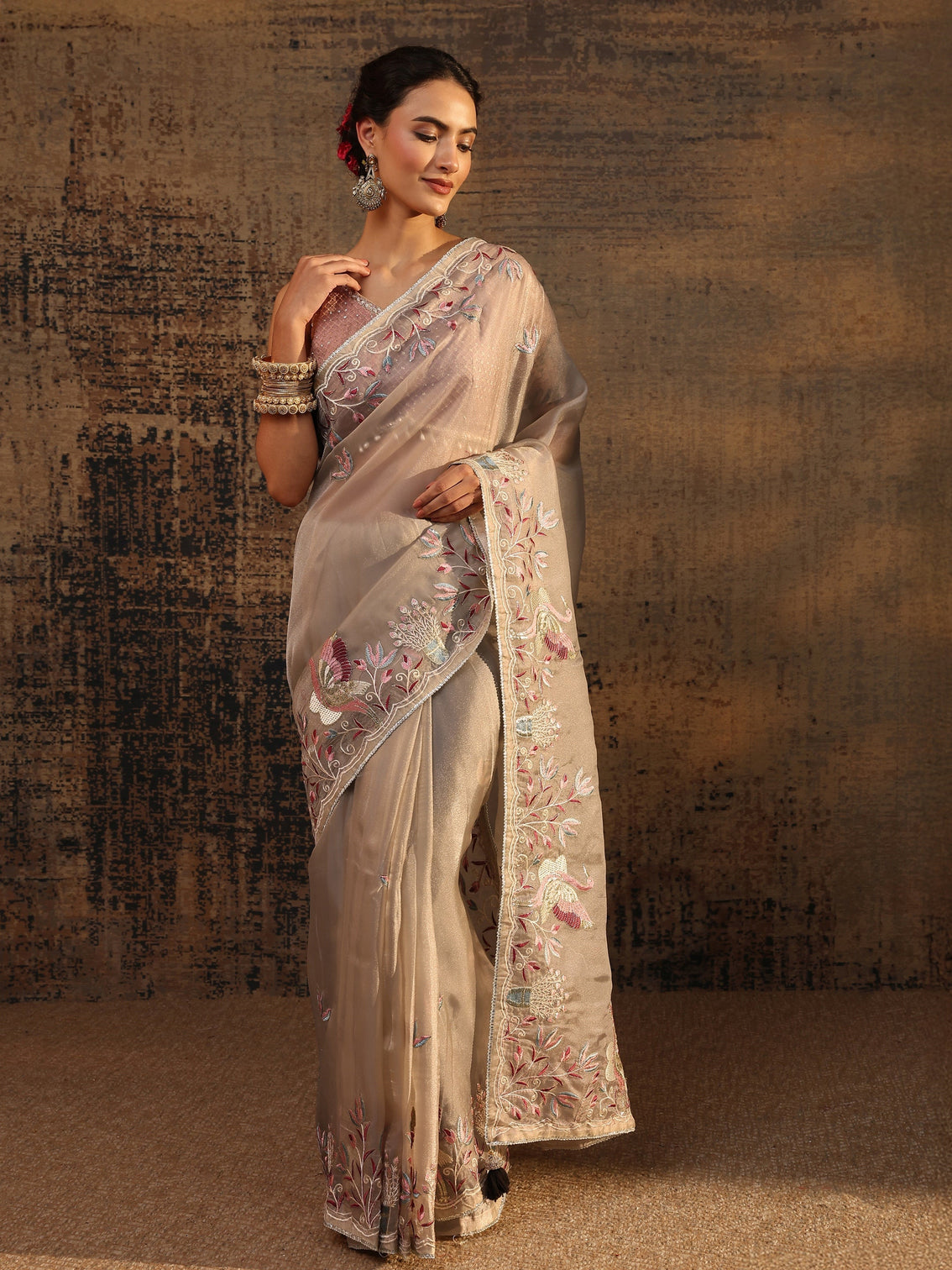 Mameraa Taupe Floral Embroidered Organza Saree With Unstitched Blouse Piece