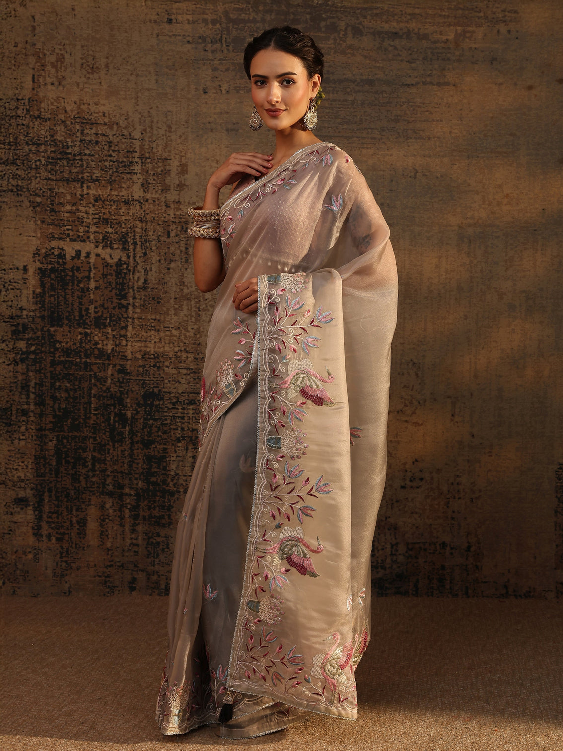 Mameraa Taupe Floral Embroidered Organza Saree With Unstitched Blouse Piece