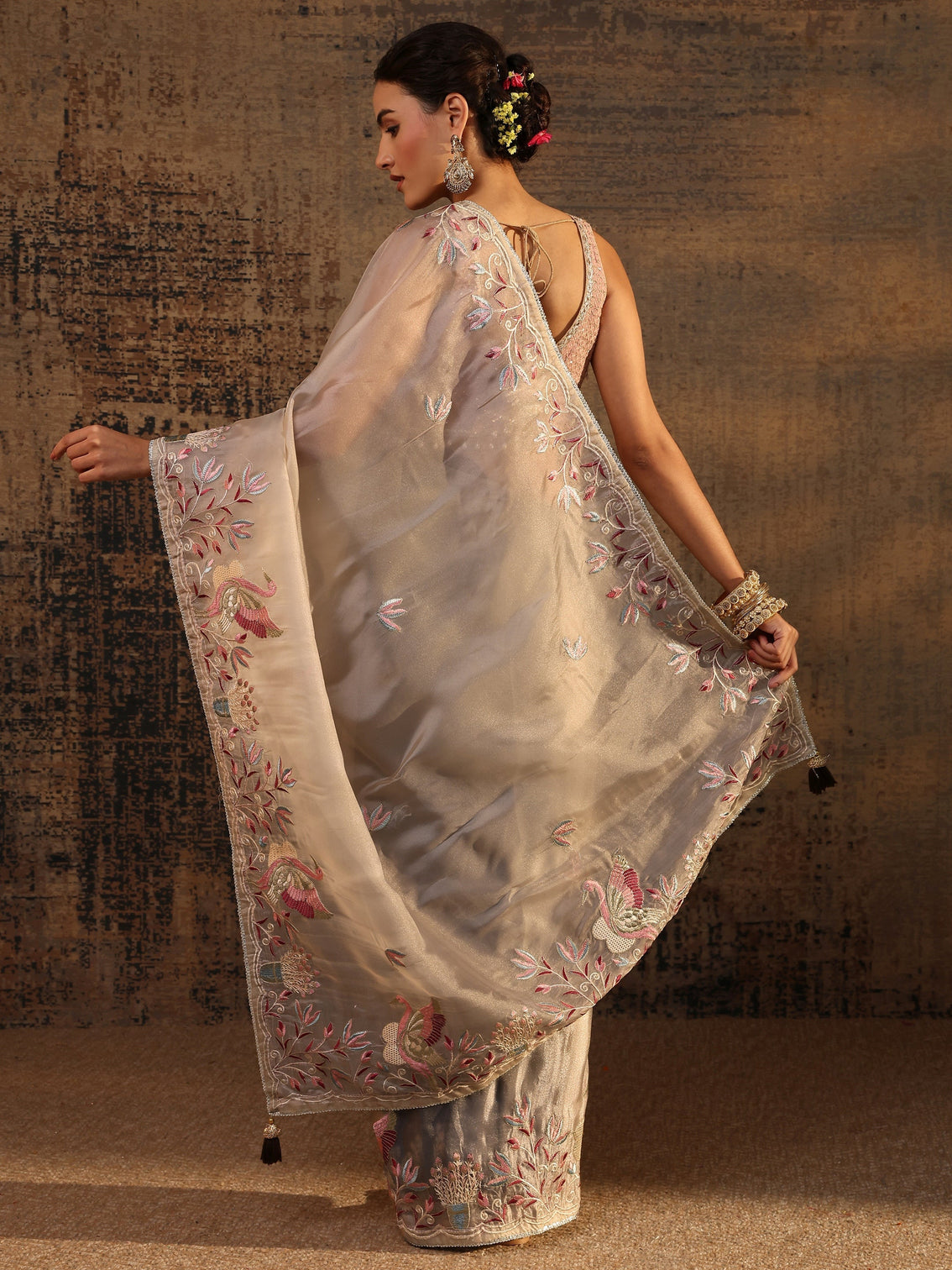Mameraa Taupe Floral Embroidered Organza Saree With Unstitched Blouse Piece