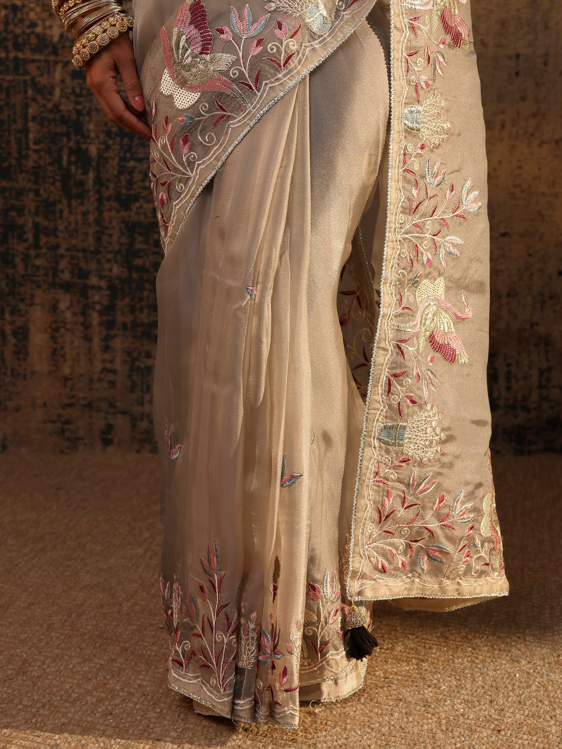 Mameraa Taupe Floral Embroidered Organza Saree With Unstitched Blouse Piece