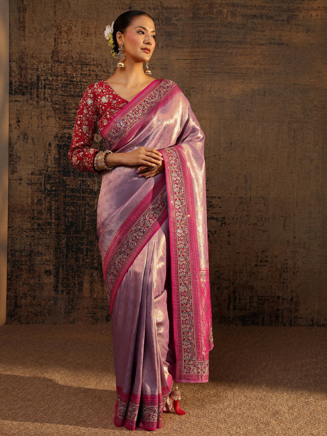 Mameraa Art Lavender Ethnic Motifs Woven Design Silk Blend Saree With Unstitched Blouse Piece