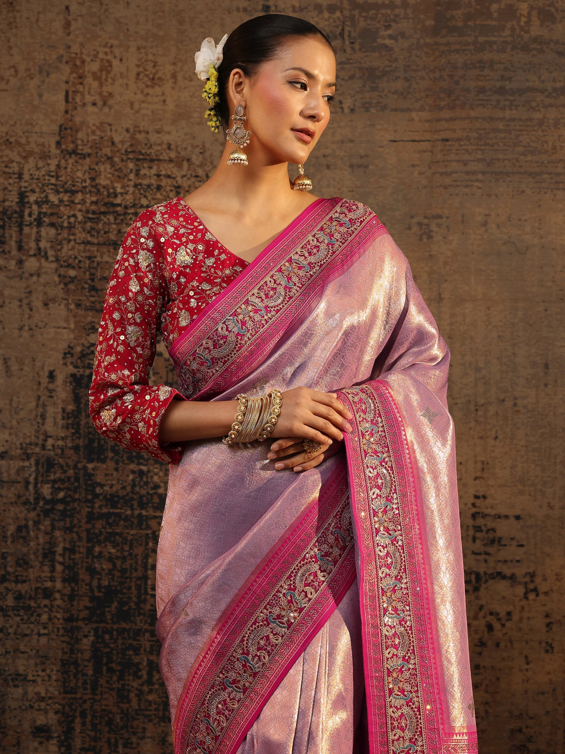 Mameraa Art Lavender Ethnic Motifs Woven Design Silk Blend Saree With Unstitched Blouse Piece