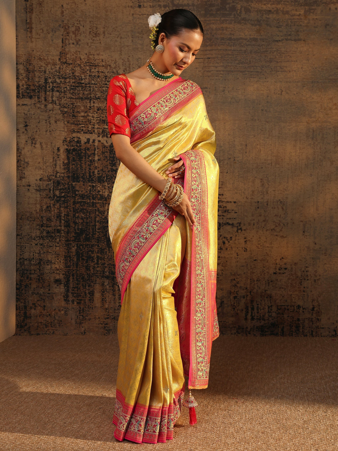 Mameraa Art Mustard Ethnic Motifs Woven Design Silk Blend Saree With Unstitched Blouse Piece
