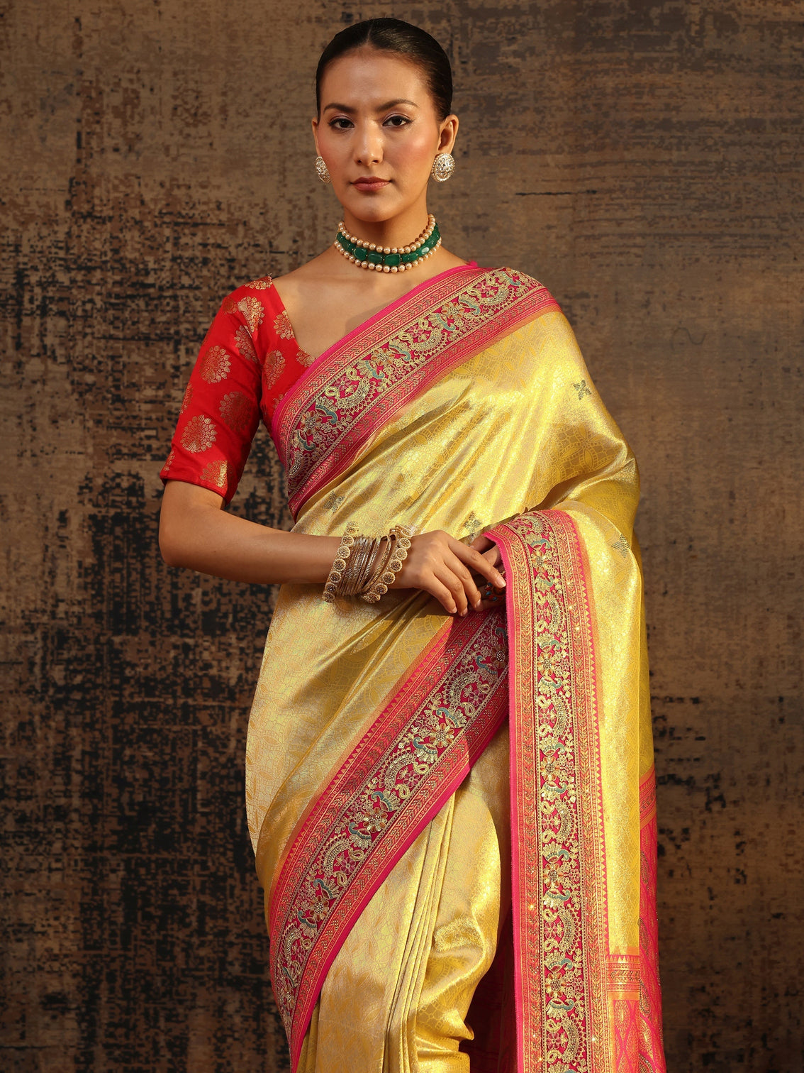 Mameraa Art Mustard Ethnic Motifs Woven Design Silk Blend Saree With Unstitched Blouse Piece