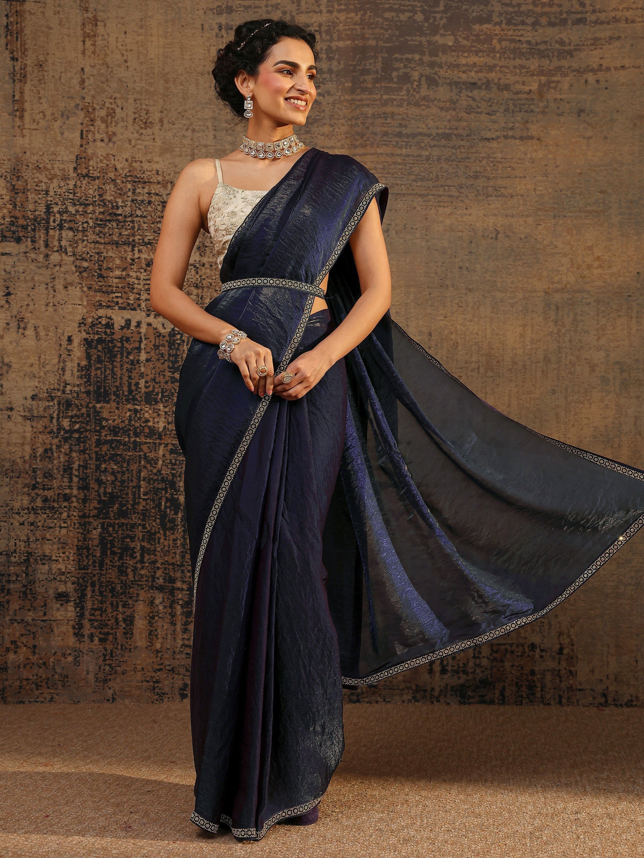 Libas Purple Solid Satin Saree With Unstitched Blouse Piece