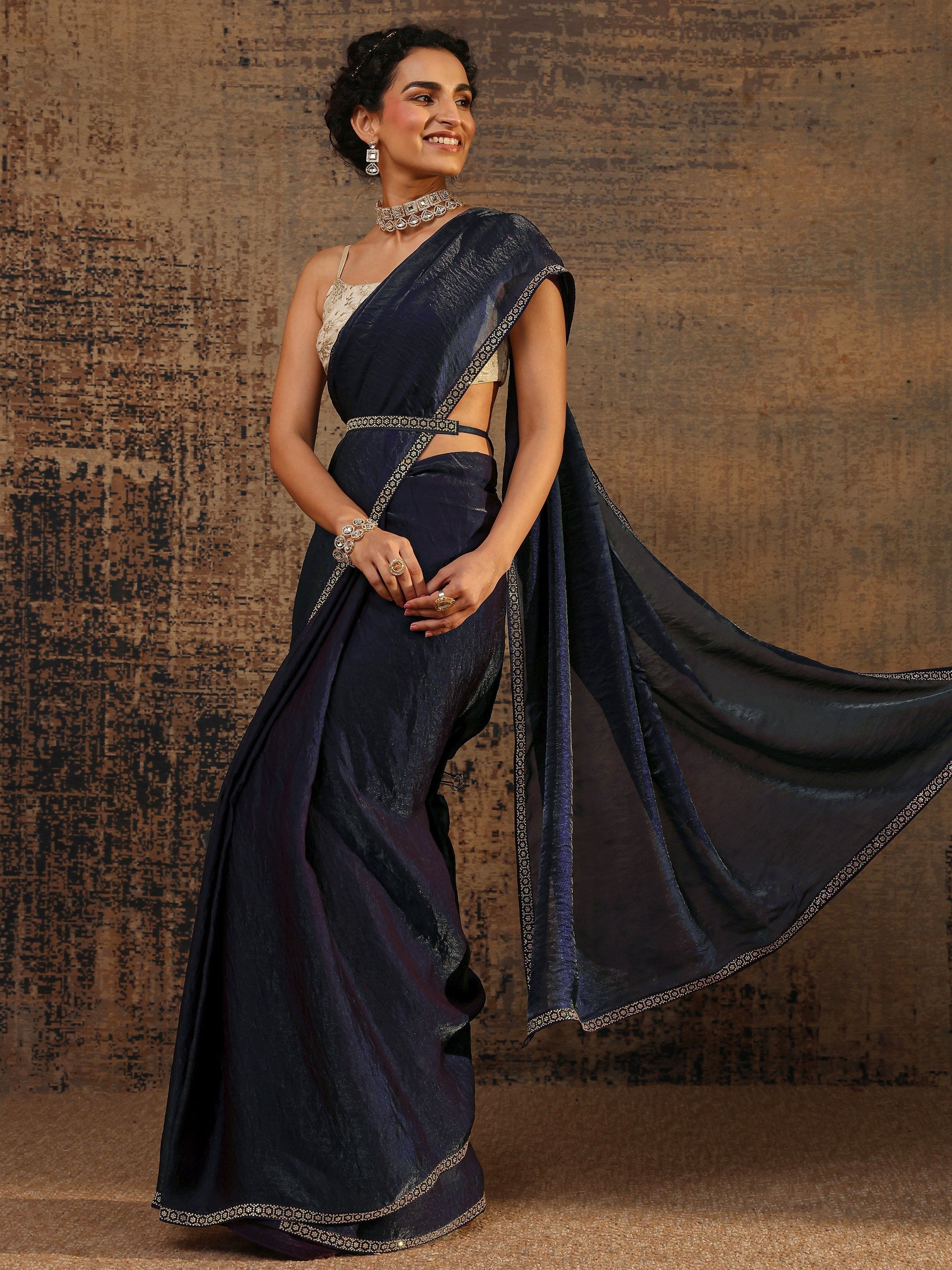 Libas Purple Solid Satin Saree With Unstitched Blouse Piece