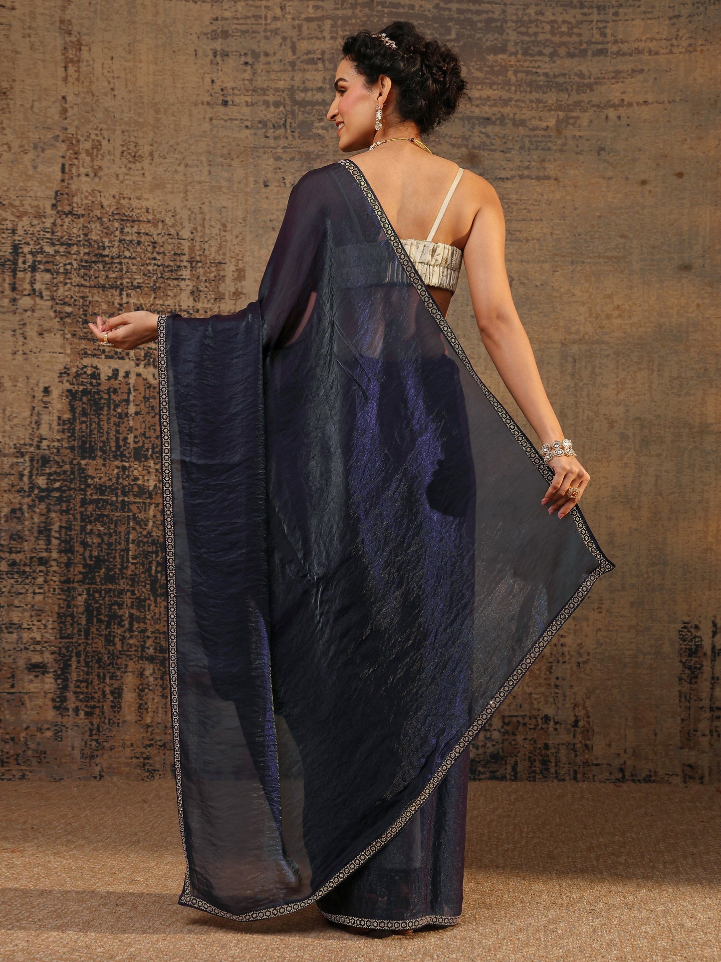 Libas Purple Solid Satin Saree With Unstitched Blouse Piece