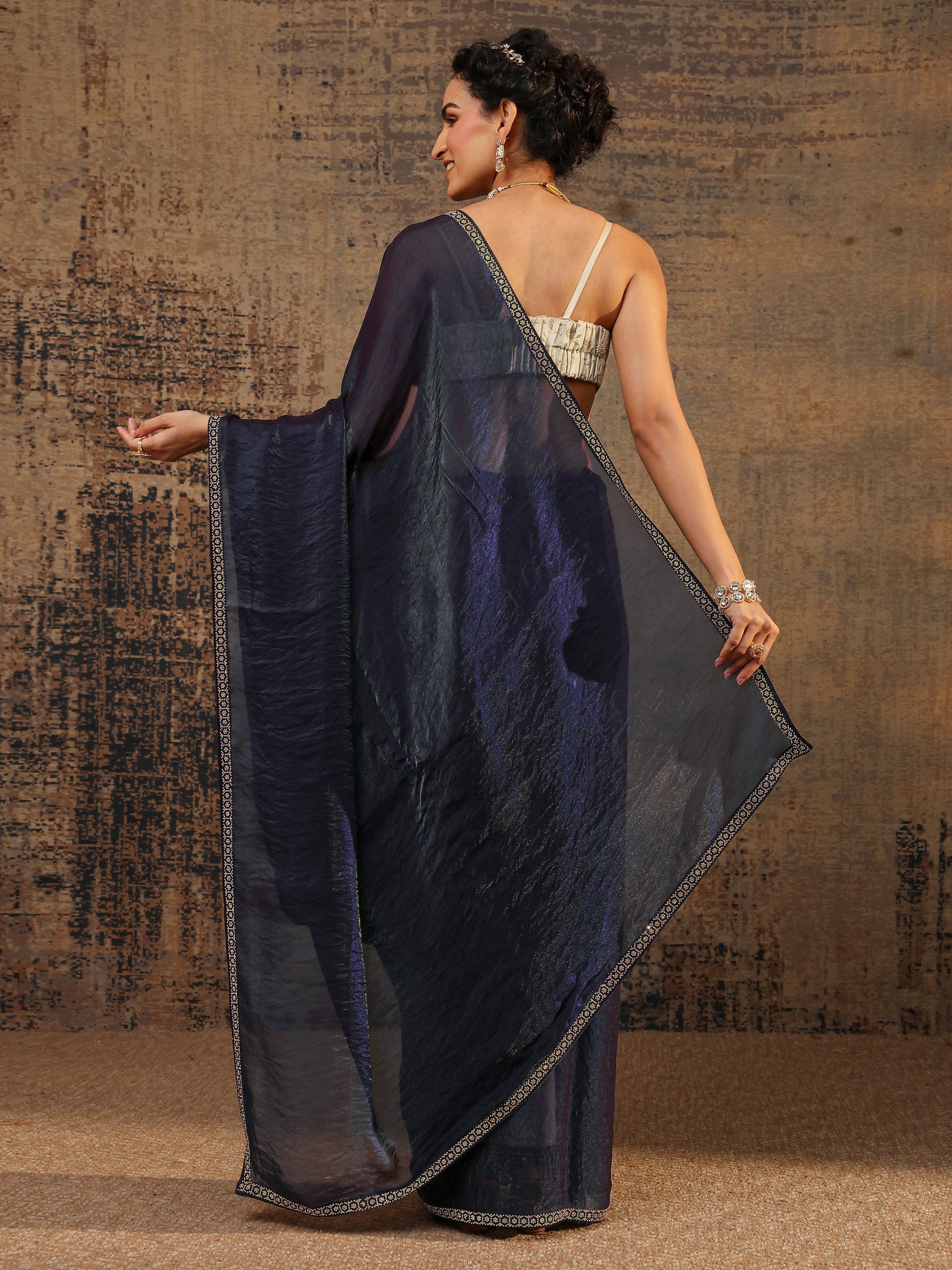 Libas Purple Solid Satin Saree With Unstitched Blouse Piece