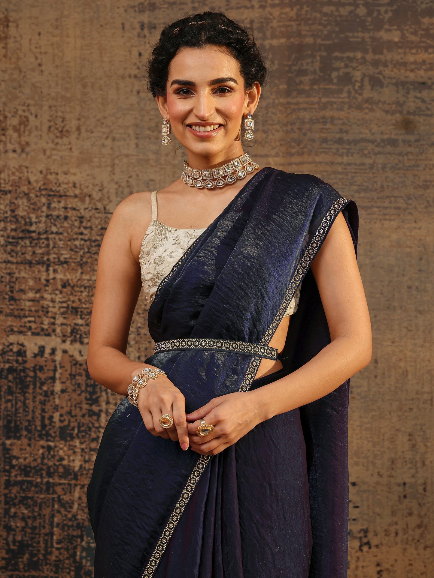 Libas Purple Solid Satin Saree With Unstitched Blouse Piece