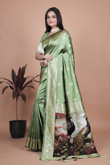 Elegant Green Silk Saree with Peacock Design and Golden Border