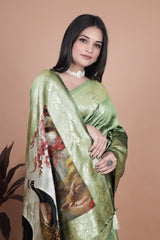Elegant Green Silk Saree with Peacock Design and Golden Border