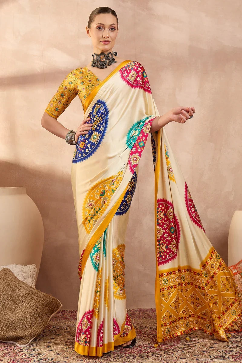 Ivory cream modal silk saree with patola inspired multicolor print mustard designer pallu festive traditional wear saree mameraa