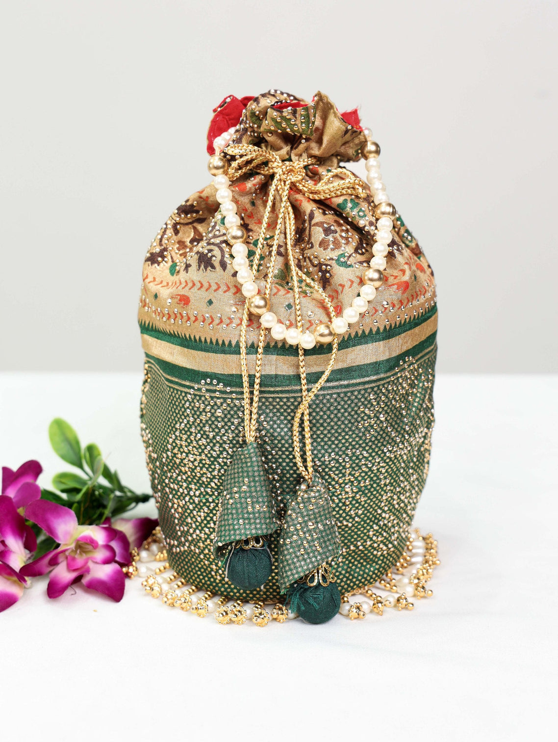 Green Dola Silk Batwa with Foil Print, Stone Embellishments & Lace Border