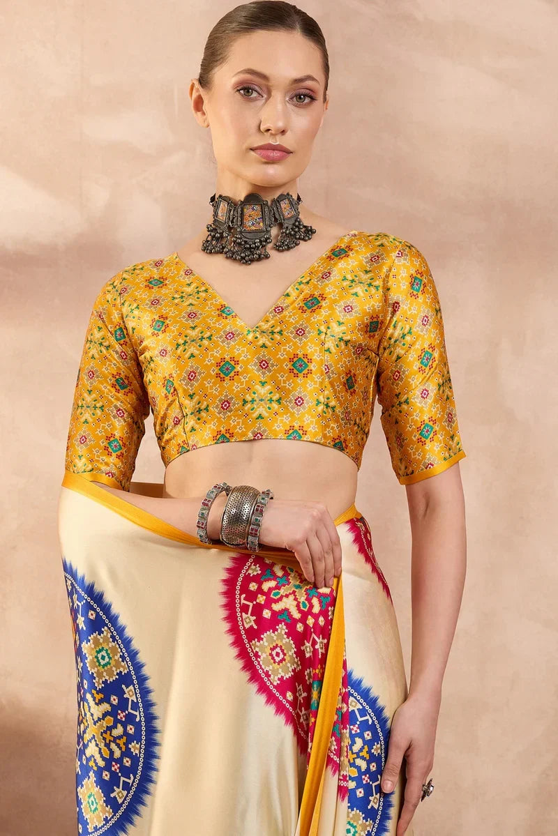 Ivory cream modal silk saree with patola inspired multicolor print mustard designer pallu festive traditional wear saree
