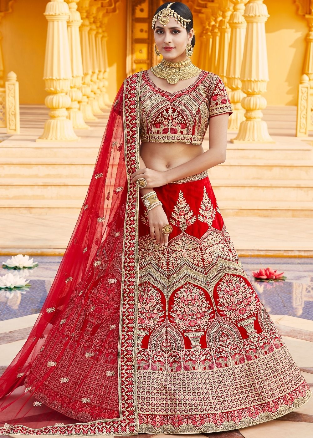 Crimson Red Velvet Bridal Lehenga Choli with Embroidery & Hand work