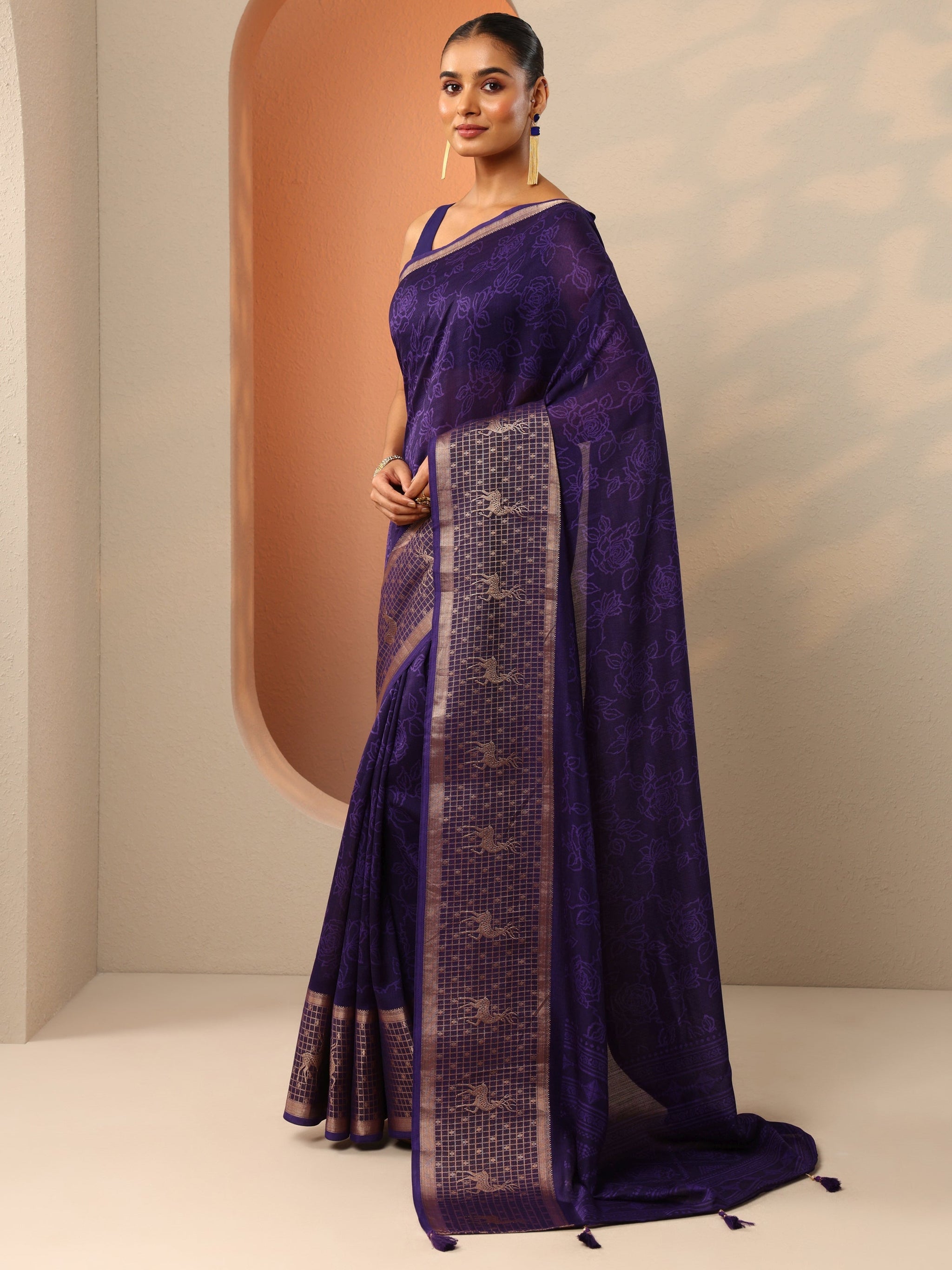Libas Purple Printed Georgette Saree With Unstitched Blouse Piece