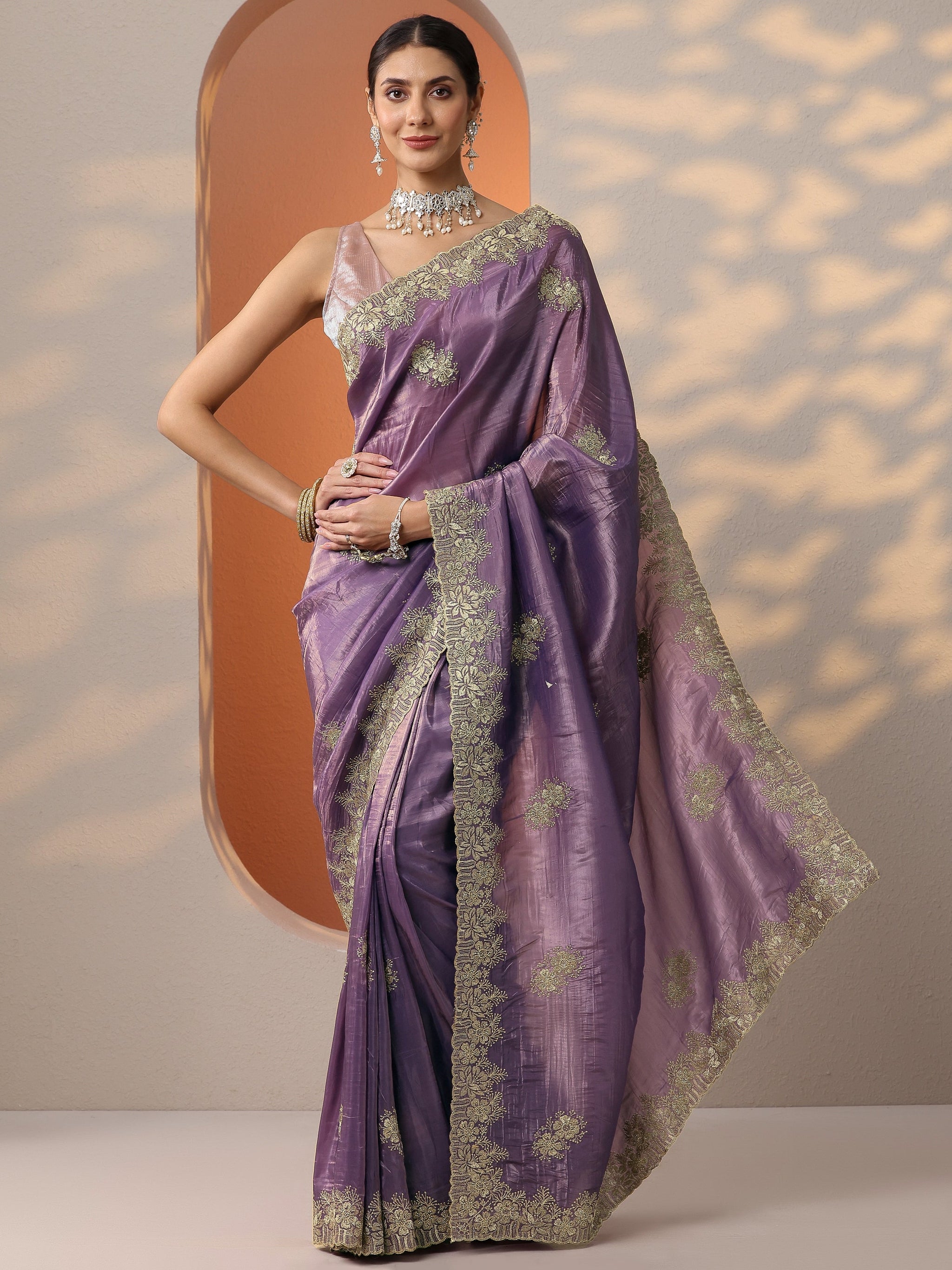 Libas Purple Embroidered Organza Saree With Unstitched Blouse Piece