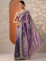 Libas Purple Embroidered Organza Saree With Unstitched Blouse Piece