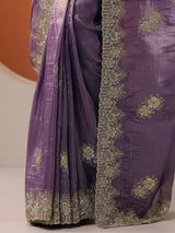 Libas Purple Embroidered Organza Saree With Unstitched Blouse Piece