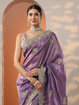 Libas Purple Embroidered Organza Saree With Unstitched Blouse Piece