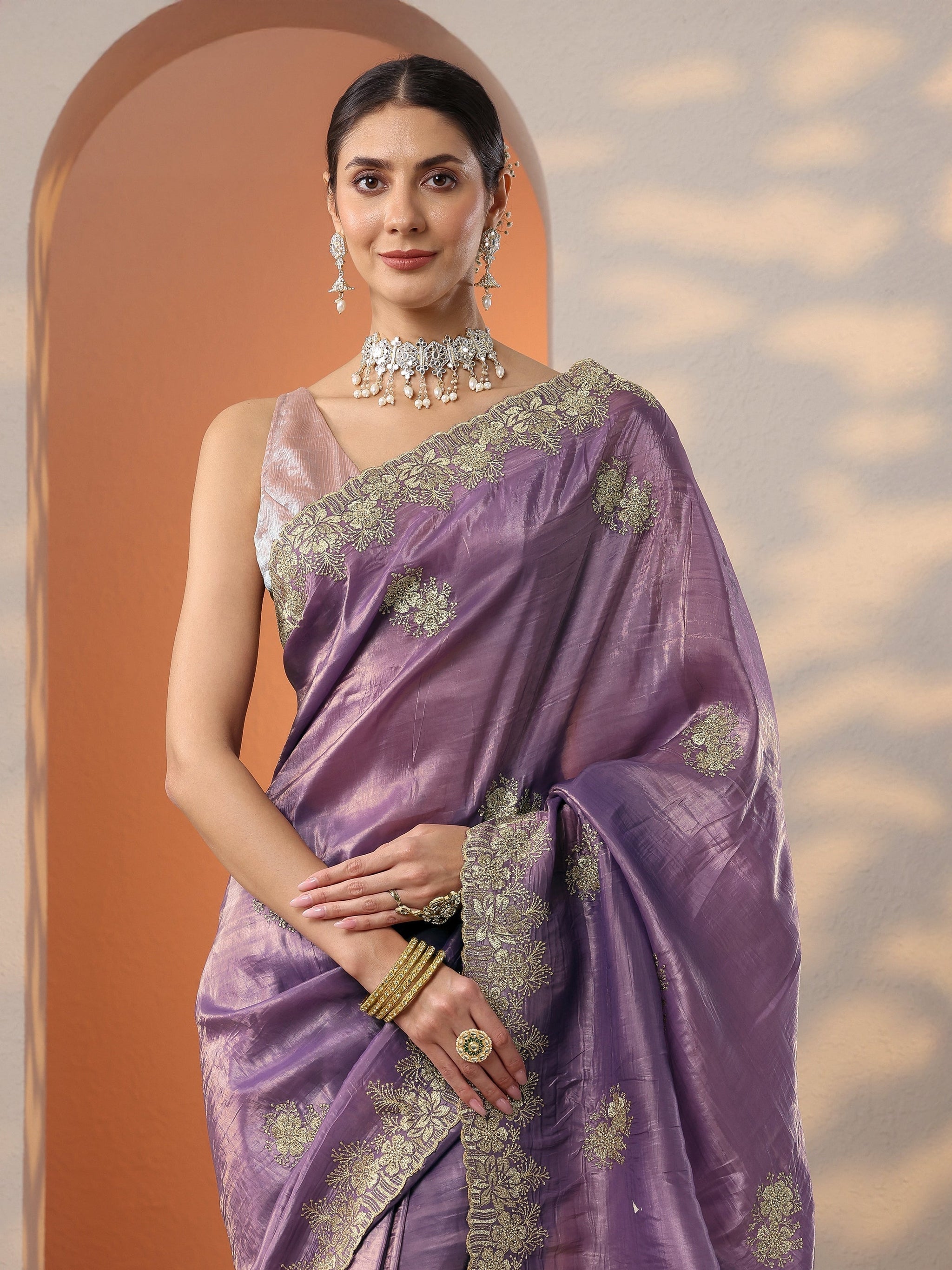 Libas Purple Embroidered Organza Saree With Unstitched Blouse Piece