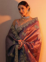 Libas Purple Embroidered Organza Saree With Unstitched Blouse Piece