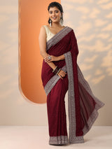 Libas Maroon Embellished Silk Blend Saree With Unstitched Blouse Piece