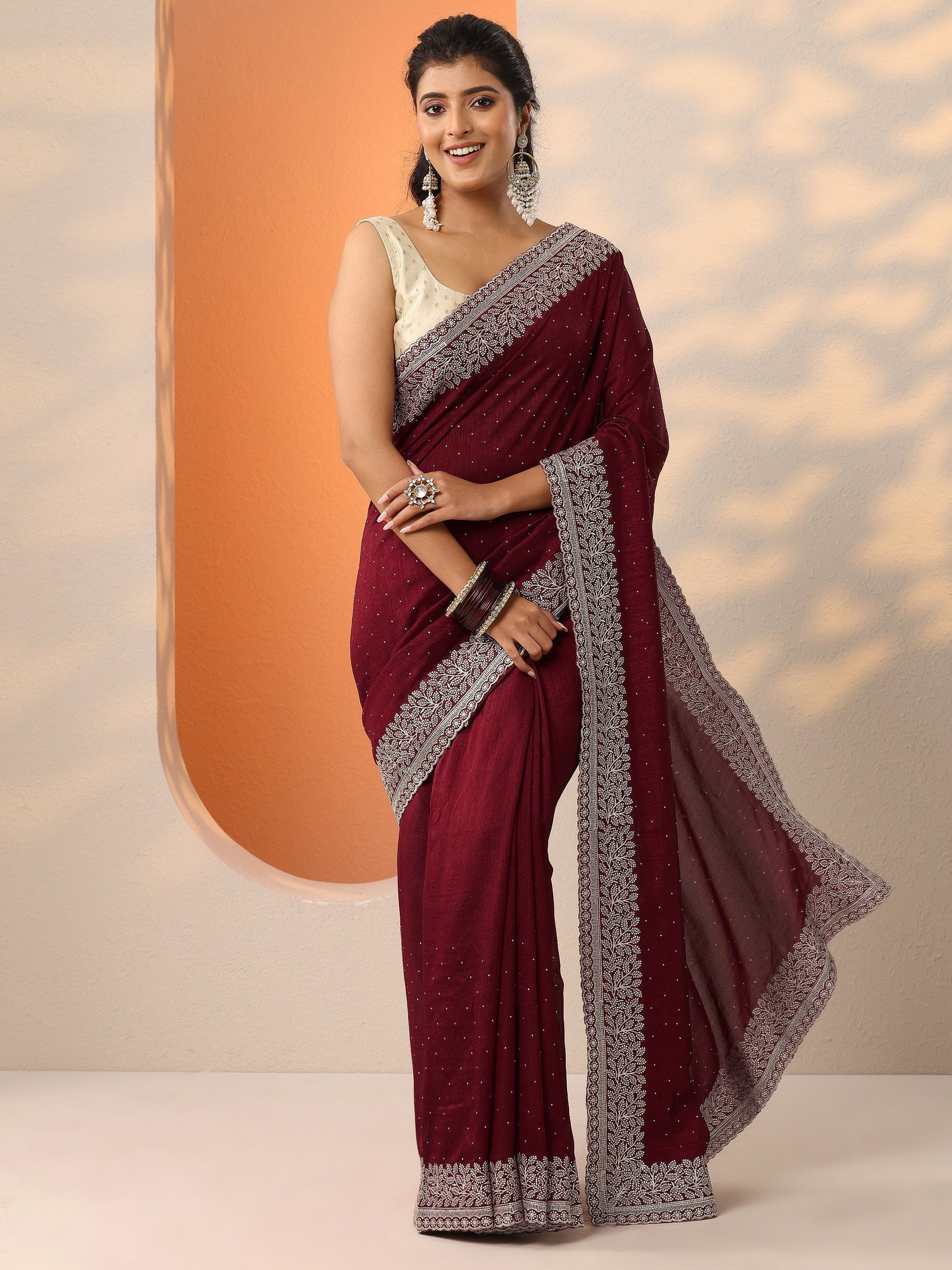 Libas Maroon Embellished Silk Blend Saree With Unstitched Blouse Piece