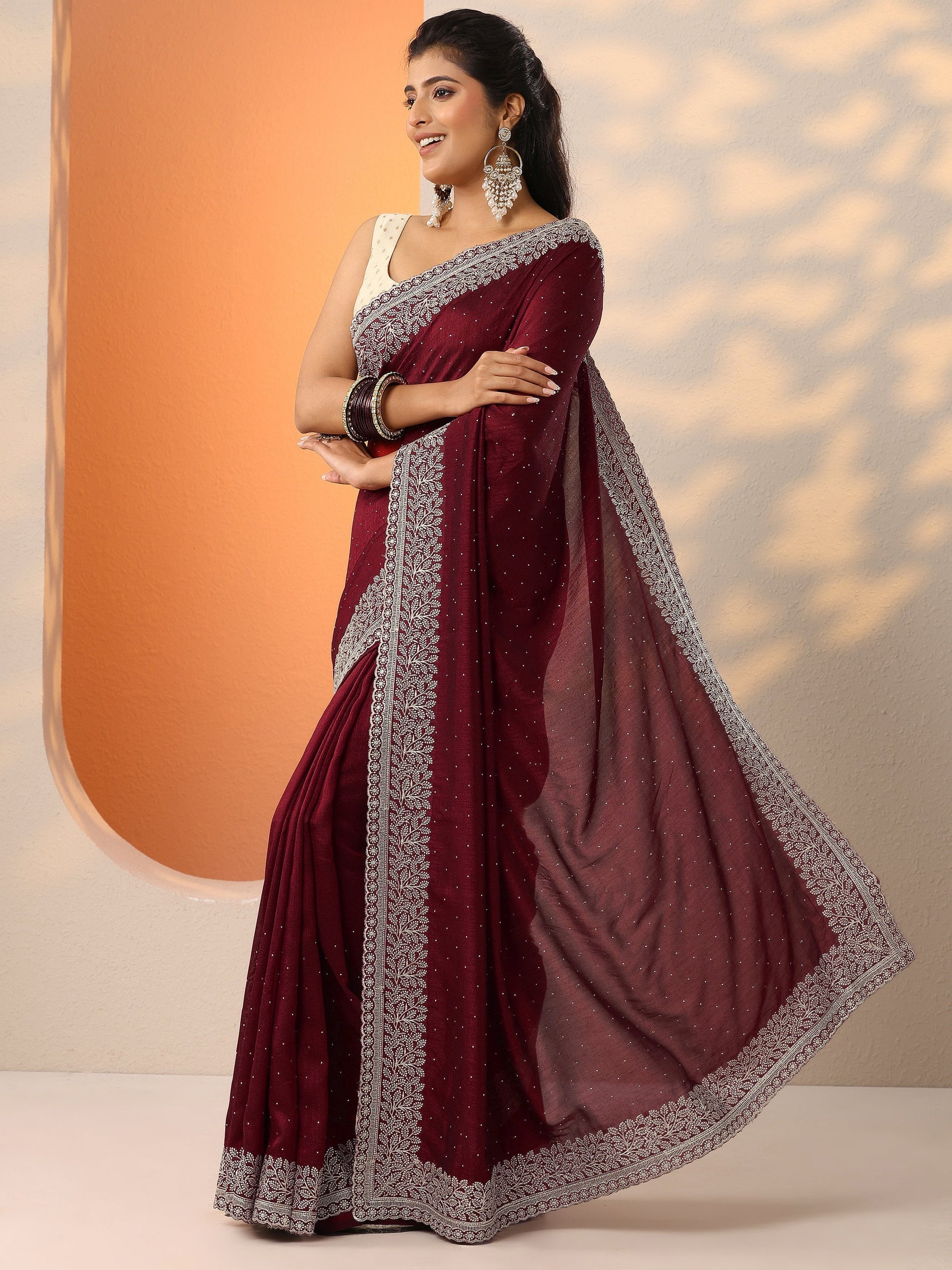 Libas Maroon Embellished Silk Blend Saree With Unstitched Blouse Piece