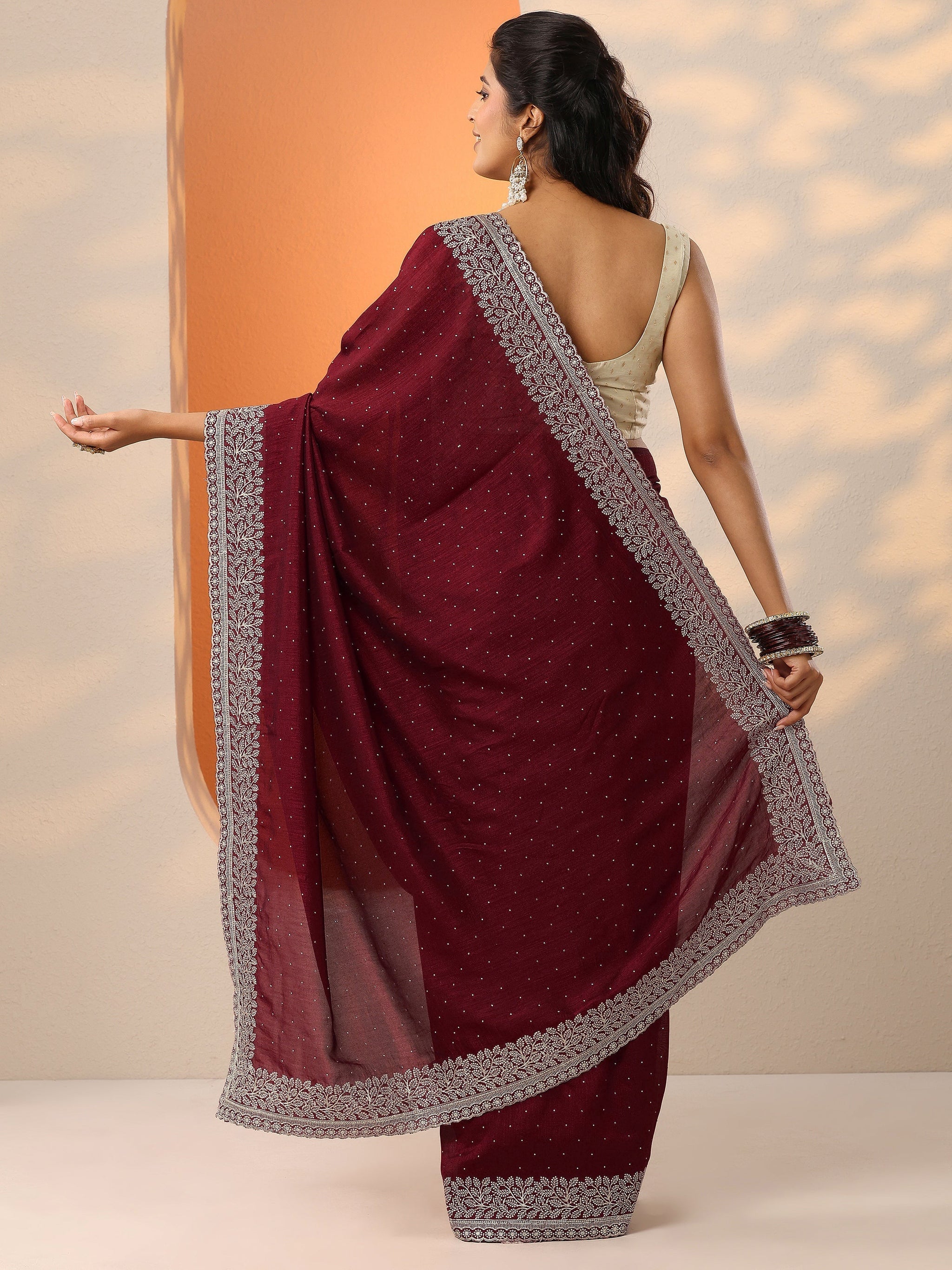 Libas Maroon Embellished Silk Blend Saree With Unstitched Blouse Piece