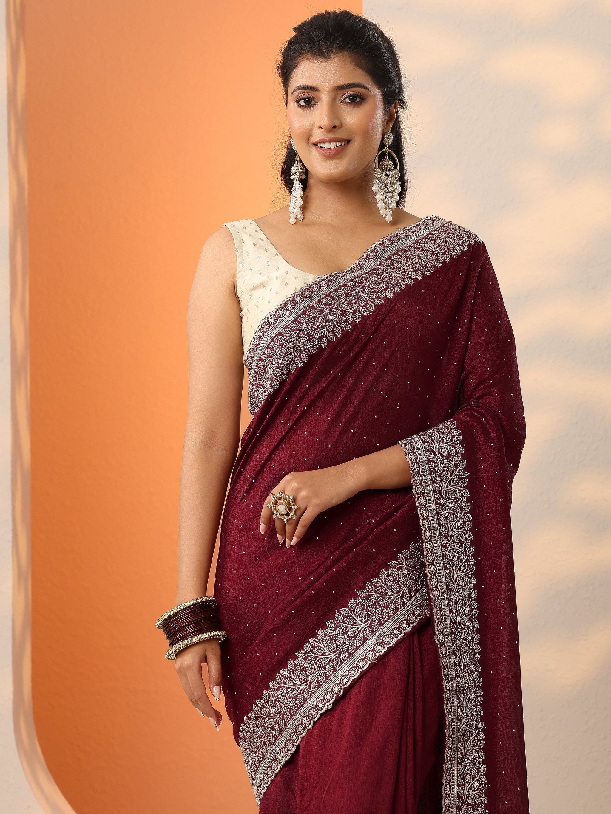 Libas Maroon Embellished Silk Blend Saree With Unstitched Blouse Piece