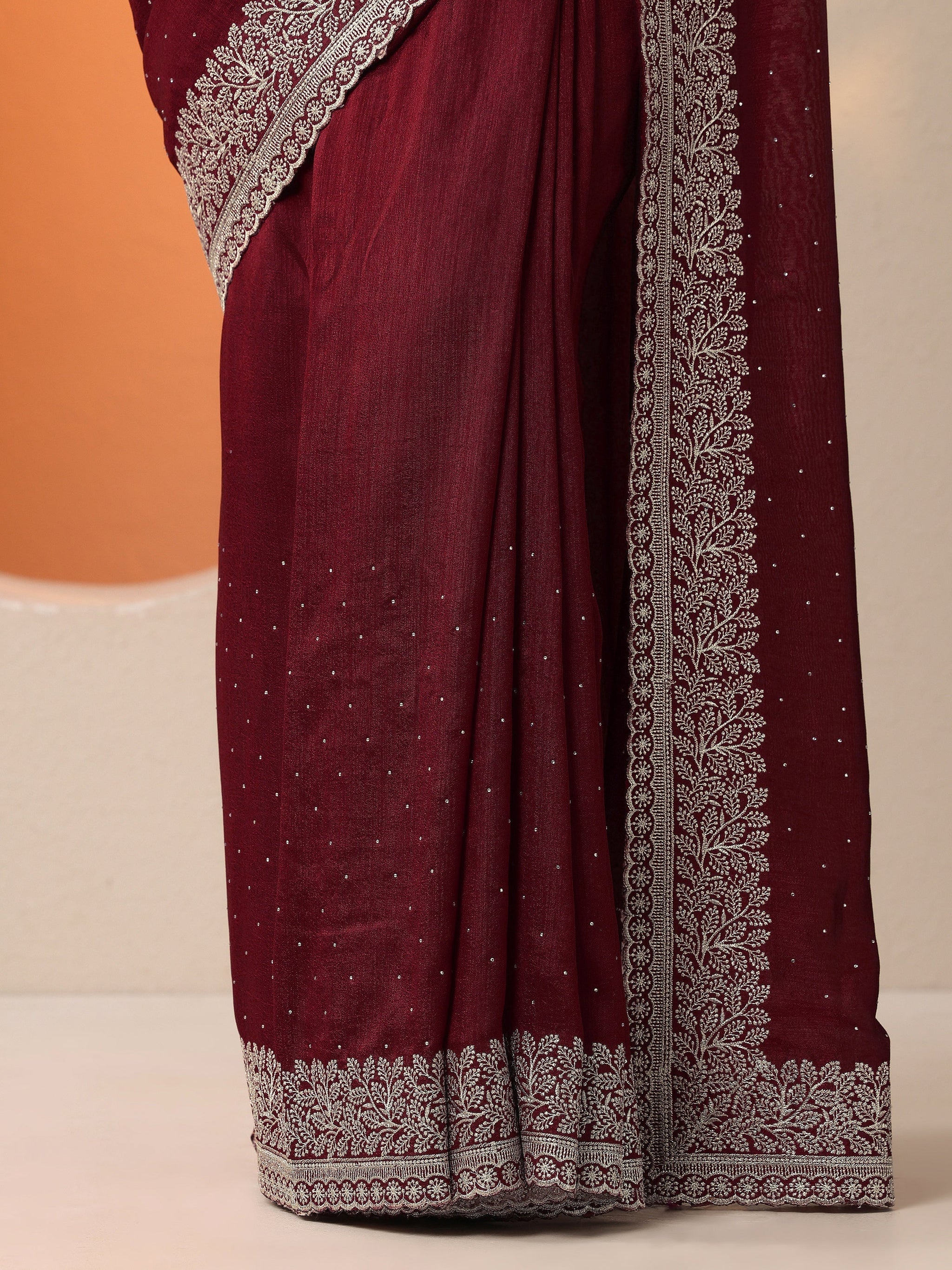 Libas Maroon Embellished Silk Blend Saree With Unstitched Blouse Piece