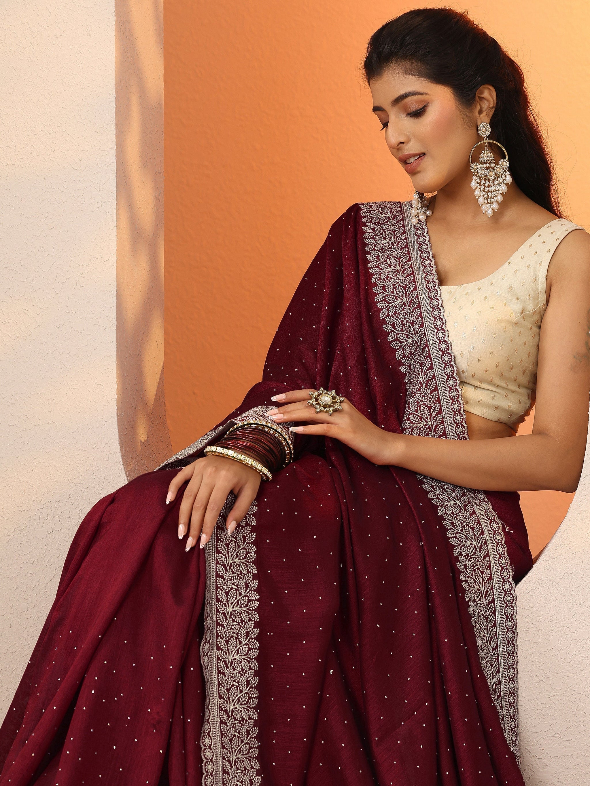 Libas Maroon Embellished Silk Blend Saree With Unstitched Blouse Piece