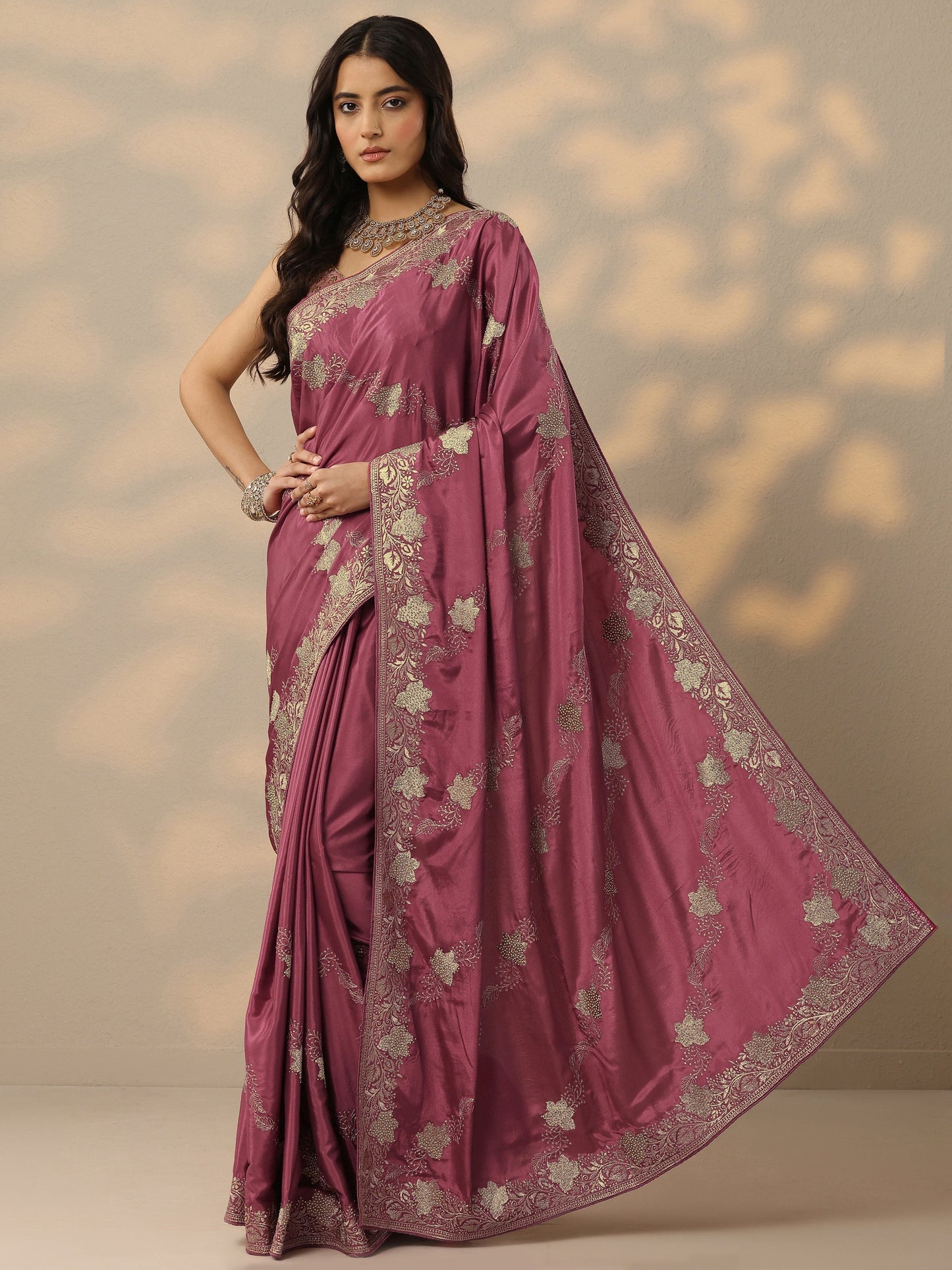 Libas Pink Embroidered Silk Blend Saree With Unstitched Blouse Piece