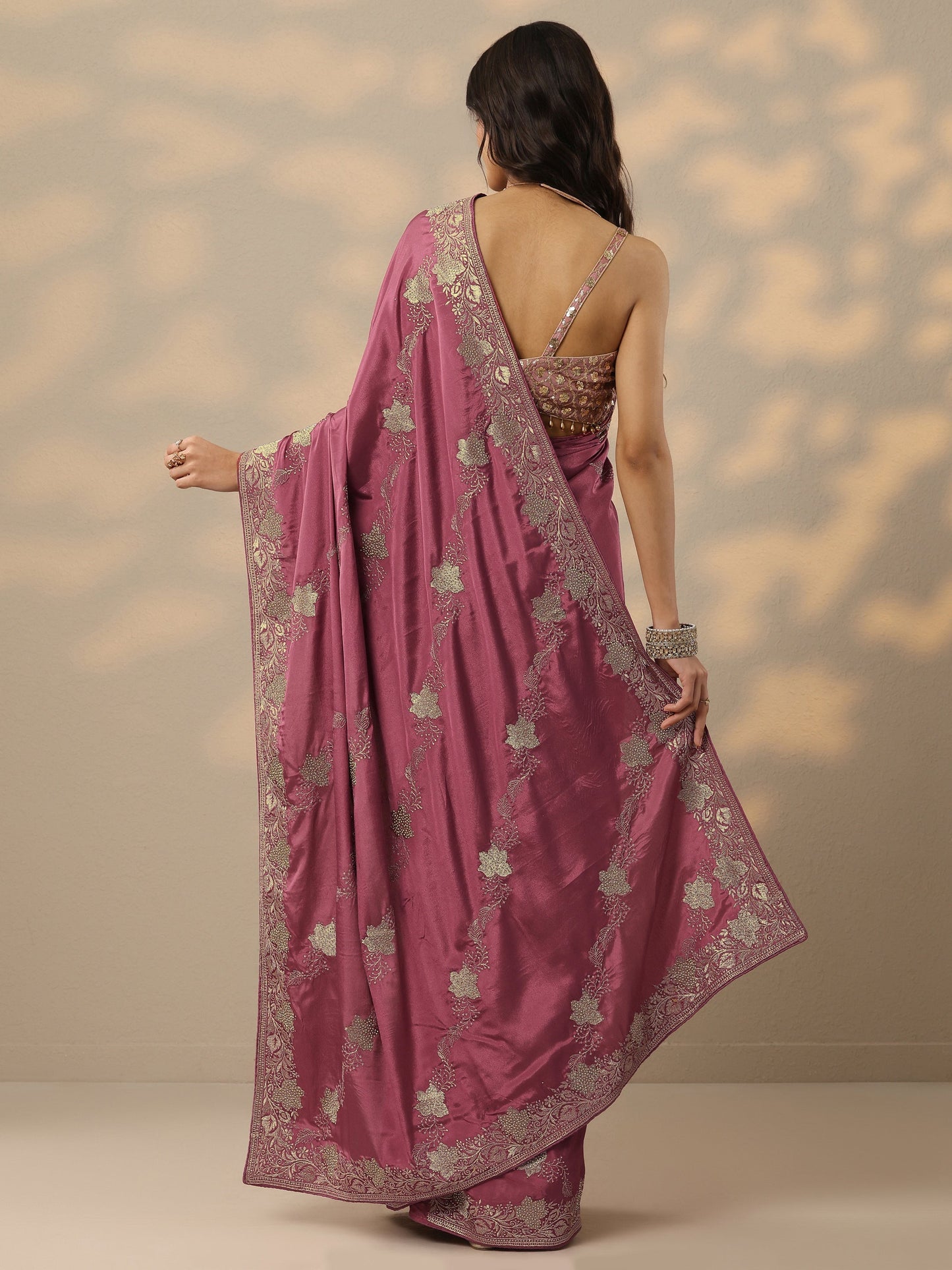 Libas Pink Embroidered Silk Blend Saree With Unstitched Blouse Piece