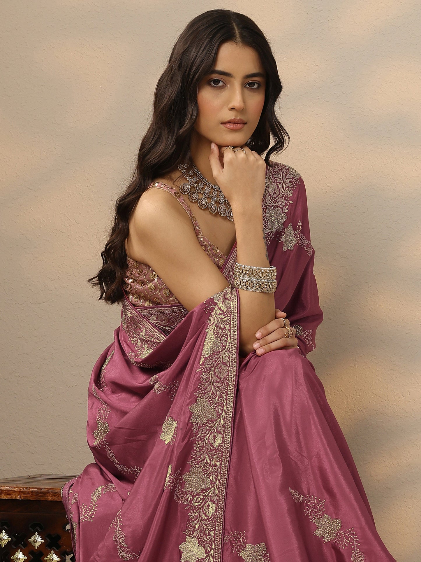 Libas Pink Embroidered Silk Blend Saree With Unstitched Blouse Piece