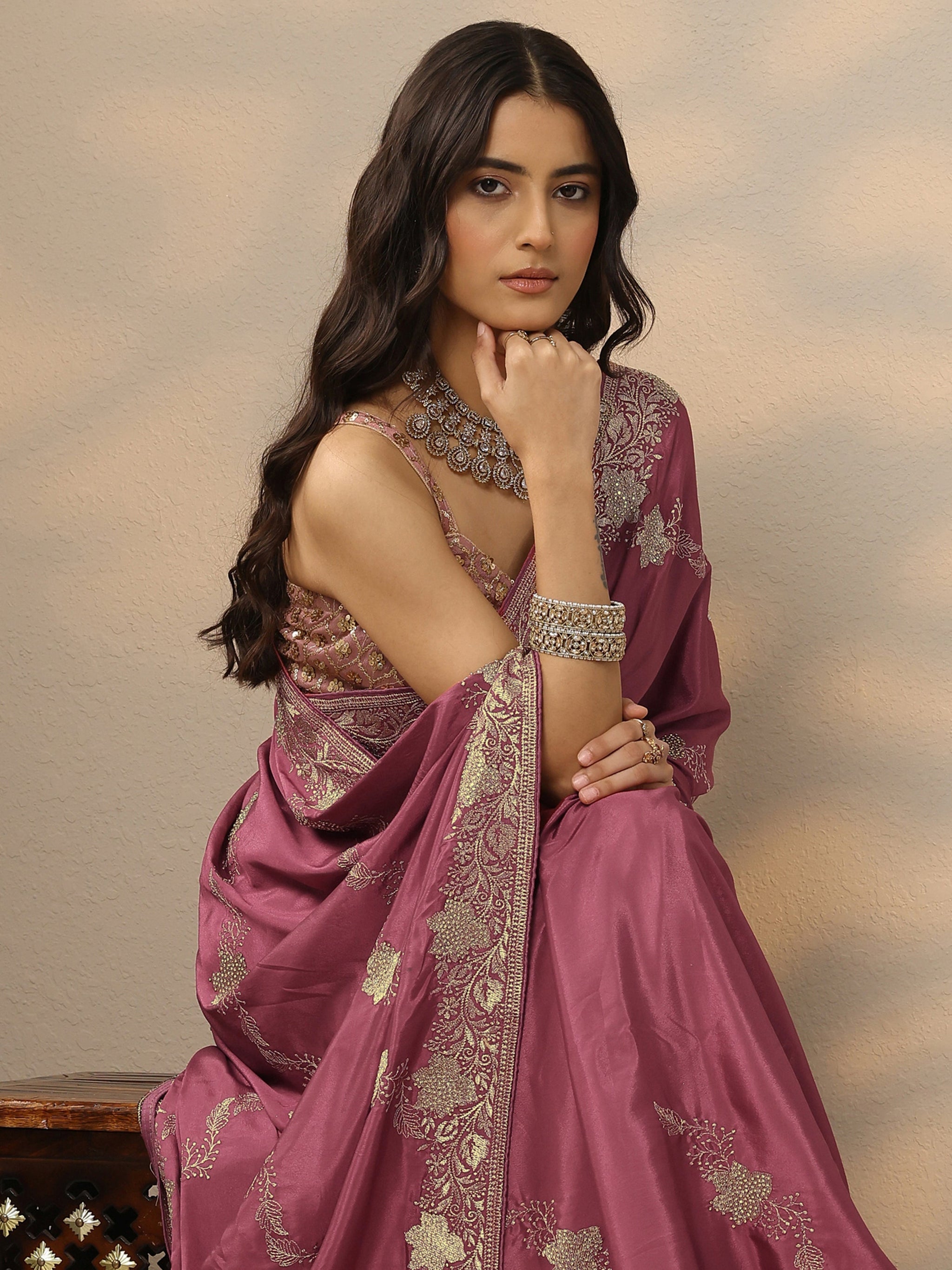 Libas Pink Embroidered Silk Blend Saree With Unstitched Blouse Piece