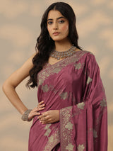 Libas Pink Embroidered Silk Blend Saree With Unstitched Blouse Piece