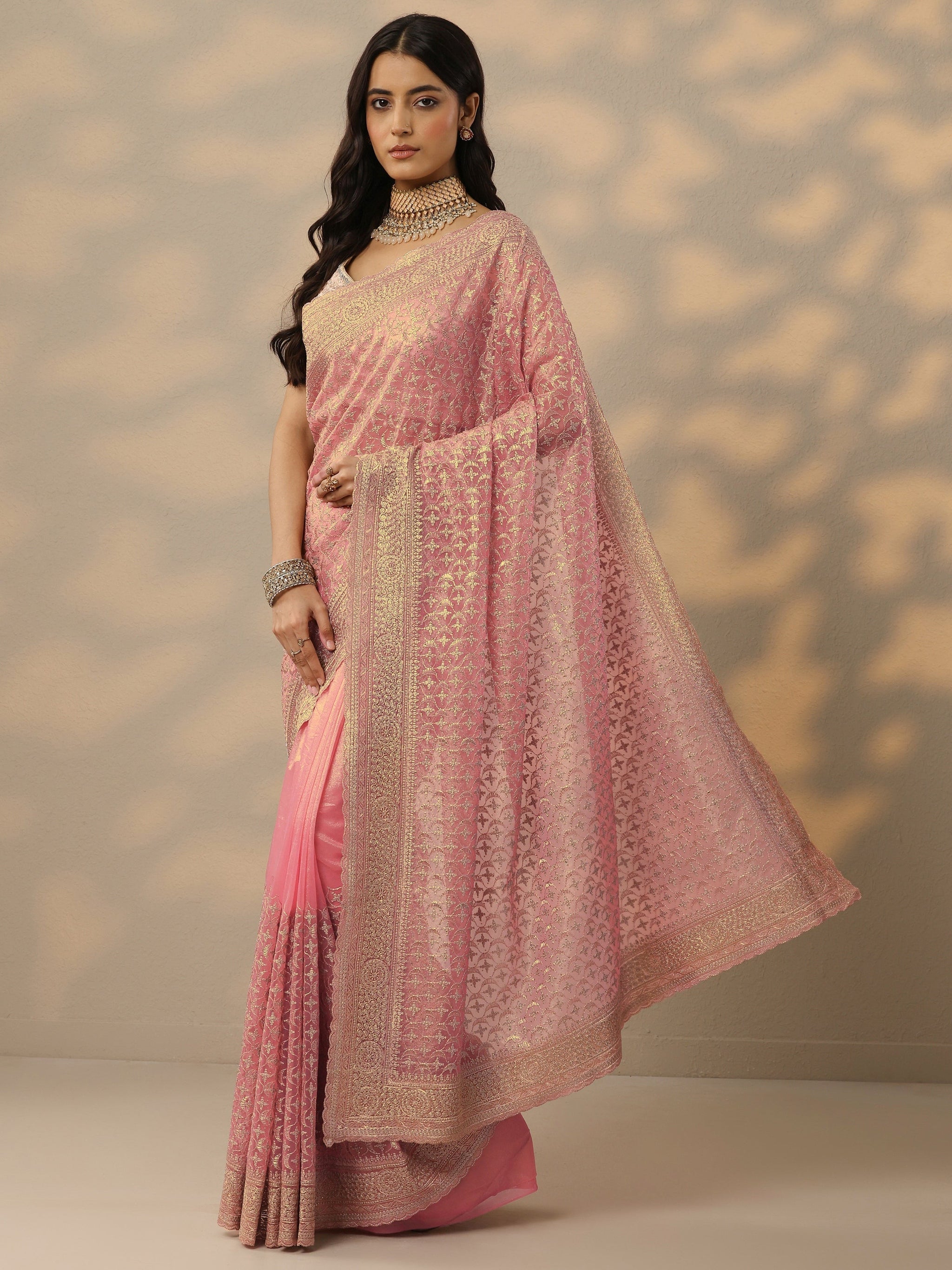 Libas Peach Embroidered Banarasi Nylon Saree With Unstitched Blouse Piece
