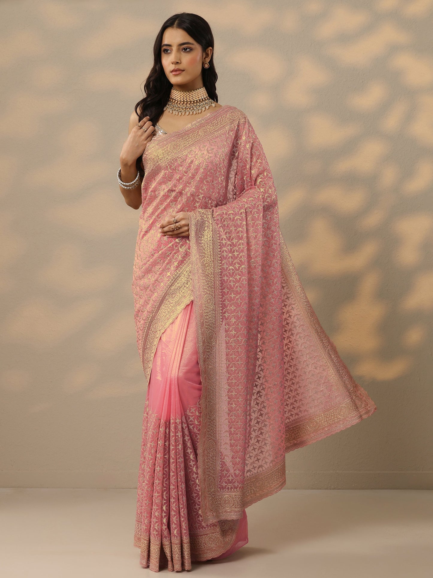 Libas Peach Embroidered Banarasi Nylon Saree With Unstitched Blouse Piece