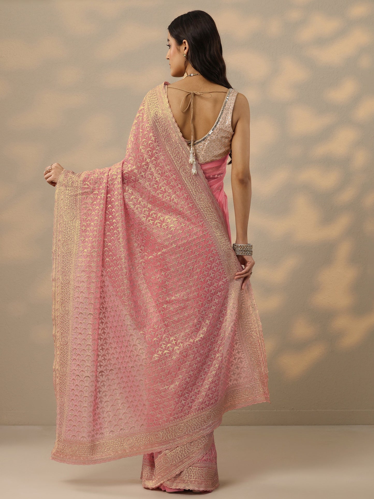 Libas Peach Embroidered Banarasi Nylon Saree With Unstitched Blouse Piece