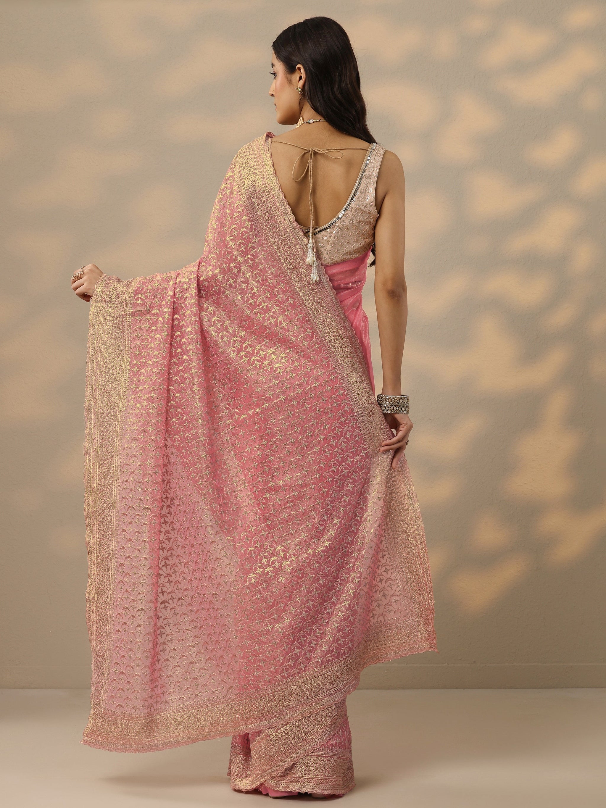 Libas Peach Embroidered Banarasi Nylon Saree With Unstitched Blouse Piece