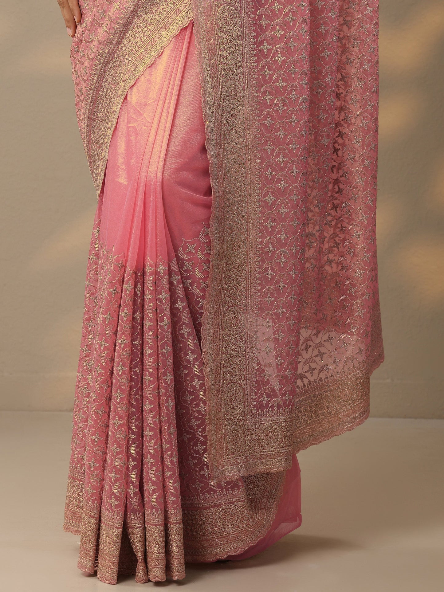Libas Peach Embroidered Banarasi Nylon Saree With Unstitched Blouse Piece